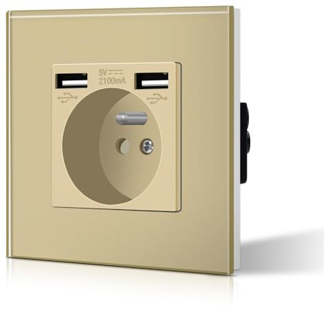 BSEED Prise de courant avec USB 2.1A, Prise Murale en verre cristal, Prise Encastrable pour Bureau Domicile 16Amp 240V 86mm Or