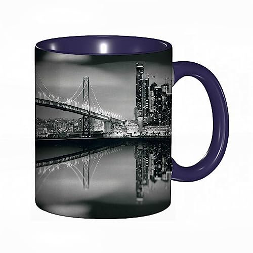 Tasse Keramik Schwarz-Weiß-San Francisco Bay Bridge Metropolis Panoramablick mit Wolkenkratzern Kaffeetassen Große 330ml Mit Henkel 100% Handbemalt Trinkgläser Mit Griff Personalisierte Geschenk