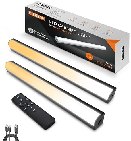 MEKKLEON Lot de 2 lampes de cuisine LED avec télécommande - Magnétique à intensité variable - Rechargeable - Éclairage de vitrine LED sans fil pour armoire (noir, 20 cm)