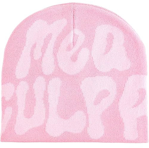 Cleveinuan TaowaveWomen Beanie Y2k Mütze, MEA Culpa Graphic Beanies Designs, Wintermütze Strickmütze Totenkopfmütze, Pink, Einheitsgröße