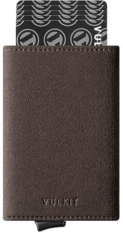 VULKIT Mens Wallet Pop up Credit Card Holder Case Premium Alcantara Genuine Leather RFID Blocking Wallet with Banknote Compartment, ID Window and Magnetic Closure
