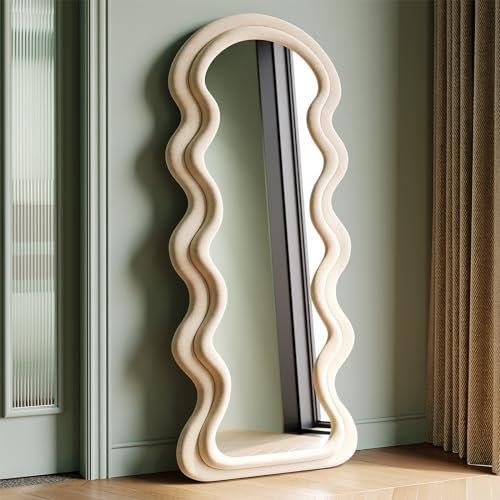 Generisch Asymmetrischer Gewellter Spiegel Groß Standspiegel Ganzkörperspiegel,Wandspiegel Ganzkörperspiegel,Spiegel mit Flanell umwickelter holzrahmen,Hängend oder kippend,Weiß 160x60cm