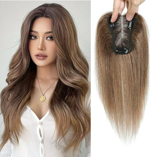 GULALUUK Real Hair Topper for Women - Human Hair, 120 Density, 3x4 Inch, Swiss Bace Clip, Ombre Light Brown with Dark Roots (10inch, P4TM/10)