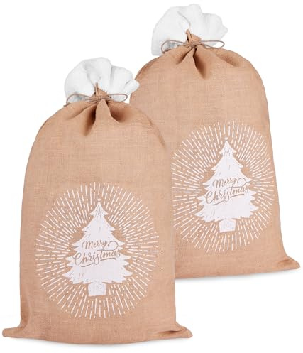 BRUBAKER 2 Weihnachtssäcke Tannenbaum Merry Christmas | 80 cm Geschenksack Weihnachten - Nikolaussack Sack zum Verpacken von Geschenken - Jutesack Weihnachtsbaum Braun Weiß