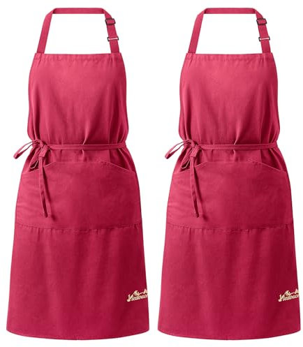Viedouce 2 Kochschürze 100% Baumwolle für Damen Herren,Verstellbare Küchenschürze mit Groß Taschen,Schürzen für Köche BBQ Malerei Backen Kochen Heimgebrauch Restaurants Cafés Gärten,Rot