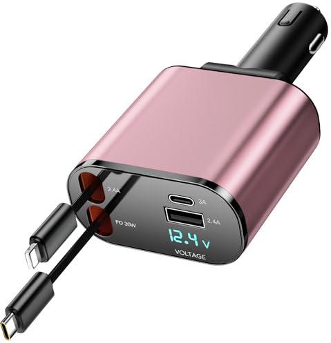 COCIVIVRE KFZ Schnell Ladegerät Auto Einziehbares Zigarettenanzünder 60w SteckerAdapter USB Retractable Car Charger MultiPort für iPhone 16/15/14/13/Pro max/Sumsang S24/S23/ S22/S21/Pixel 7/6 (Rosa)