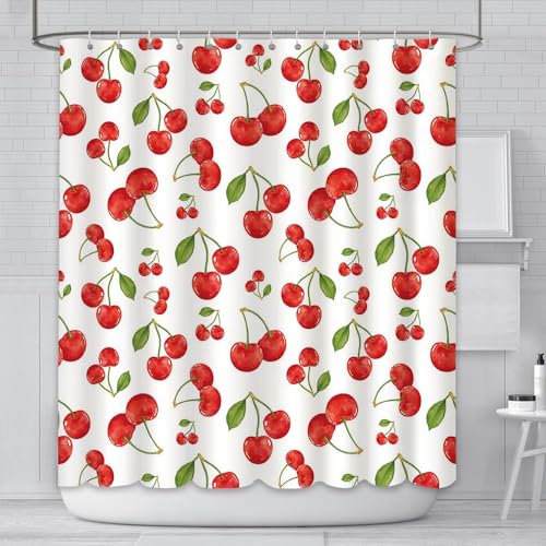 AIBIIN Duschvorhang mit Früchten, 180 x 180 cm, Motiv: Kirschen, Aquarell, Badvorhänge, Sommerrot, Kirsche, strapazierfähiges Polyester-Material mit 12 Haken, jm277