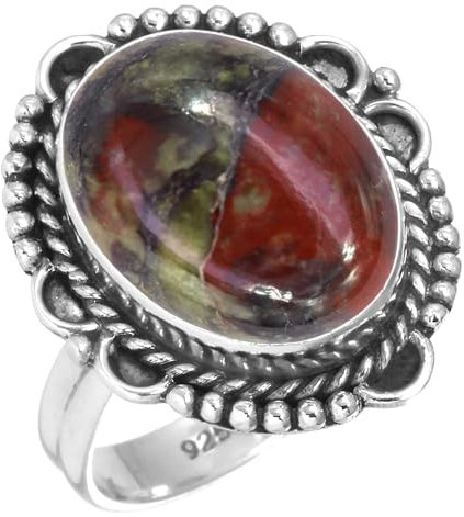 Jeweloporium Mehrfarbiger Silberring mit Drachenblutjaspis, Größe 50 (15,9), 925er Sterlingsilberring für Damen, echter klobiger ovaler Edelstein, handgefertigter Schmuck
