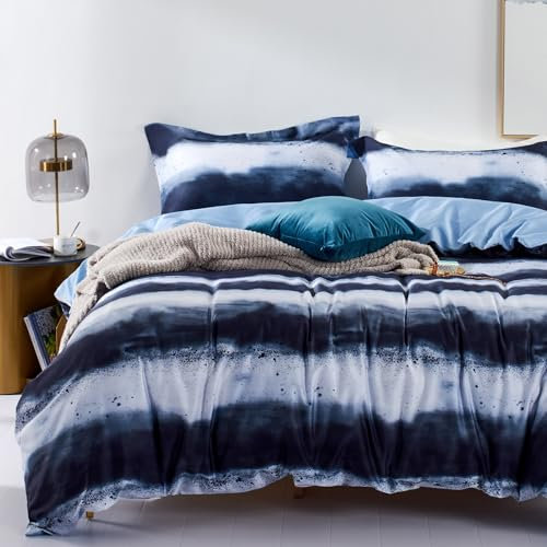 MILDLY Satin Bettwäsche 200x200 Baumwolle, Blau & Weiß Gestreiftes kühlende Bettwäsche-Sets öKotex Zertifiziert Angel