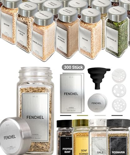Greeano Gewürzgläser Set [24 x 120ml] mit 300 Gewürzetiketten [DE] - Gewürze Aufbewahrung mit Streueinsatz - Gewürzdosen Glas - Gewürzbehälter Glas - Gewürz Organizer - Spice Jars Silver