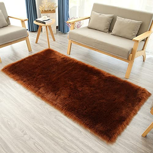 YUGWNN Braun Flokati Teppich Waschbar Bettvorleger Fell,Kunstfell Stuhlauflage Dekofell,Rechteckig 80x160cm/31,4x62,9in