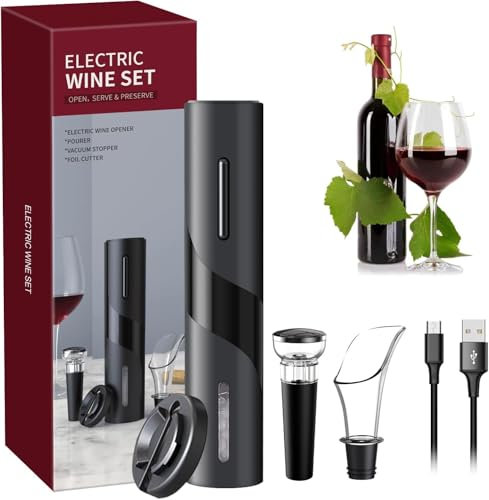 MAGDEN Set Cavatappi Elettrico Ricaricabile con Beccuccio Anti-Goccia, Pompa Sottovuoto - Tappo e Tagliacapsule, Cavo di Ricarica USB, Set Regalo, Nero