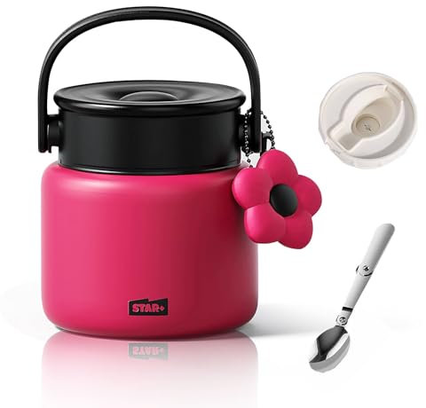 Euakee Termo para Comida 800 ml, Acero Inoxidable Doble Aislado con Cuchara, Recipiente Térmico para Comida, Fiambrera Termica Infantil y Adultos, Mantiene la Comida Caliente y Fría -Sin BPA (Rojo)