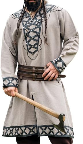 Leonardo Carbone® Wikinger Tunika Erik ? Mittelalter Kleidung Herren, Freizeithemden Kurzarm, Karneval Kostüm, Wikinger Tunika, LARP-Kleidung - 100% Baumwolle mit Leder Applikationen Sand S