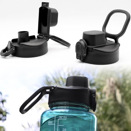 LUTQ 2 Pack Auto Flip Lid Replacement for Nalgene 32 oz 53mm Wide Mouth Bottles, 32 oz Wide Mouth Lid for Nalgene Accessories, Replacement Cap with Handle, Black