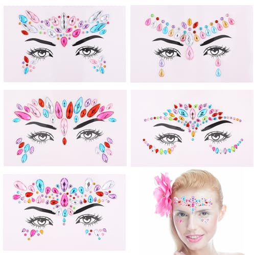 YPYMOD 5 Stücke Glitzersteine Gesicht Festival,Strass Gesicht Juwelen Kristalle Strasssteine Gesicht Temporäre Tattoos, Strass für Karneval Schminke Party Make up(A)