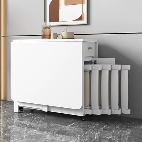 JIAOCKJIAO Esstisch-Set, Esszimmertisch mit 4 Klappstühlen, Klappbarer Esstisch for die Küche, mit Schublade und Stauraum, 150 cm Küchentisch, Klapptisch mit Rollen