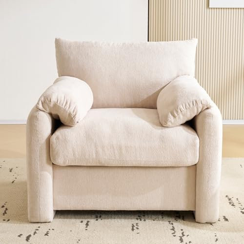 Merax Sessel Chenille-Stoff übergroßer Sessel Ohrensessel Loungesessel mit Armlehnen modern Holzbeine Einzelsofa Freizeitstuhl für Wohnzimmer/Lesezimmer, Beige