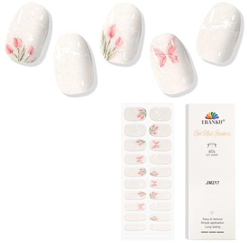 EBANKU Semi Cured Gel Nail Strips, 20PCS Gel Nail Stickers Long Lasting Gel Nail Strips- Easy to Apply & Remove for Salon-Quality Pedicure| Pink Flower Glitter