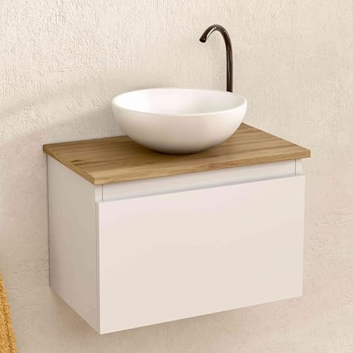 BELLOBATH - Mueble Baño Suspendido con Lavabo de Cerámica Redondo, Mueble Baño con Lavabo Montado con 1 Cajón, 49,5 x 32 x 30 cm, Mueble Blanco/Roble