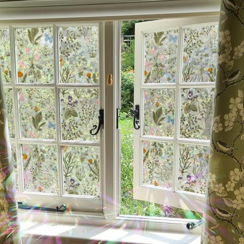 ChicSkin fensterfolie Blickdicht, Fensterfolie bunt Vintage Kräuterkunst, Fensterfolie sichtschutz, Regenbogen Folie Fenster, Fensterdekoration Geeignet für Wohnzimmer und Schlafzimmer 43X300CM