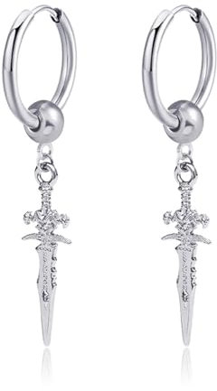 Ticome Sword Huggie Hoop Earrings Dagger Hoop Cuff Earrings,Gothic Studs Punk Rock Hip Hop Retro Dangle Drop Earring for Men Women(Silver)