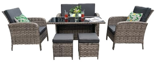 Nustone 6-Seater Grey Rattan Garden Furniture Set – Outdoor Dining Set with Sofa, 2 Armchairs, 2 Stools & Glass Table – Cushioned Patio Set, All-Weather, Easy Assembly