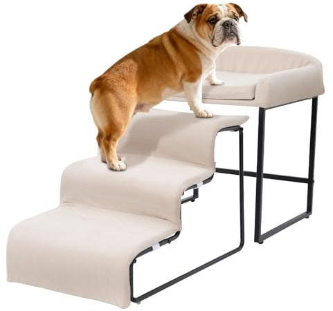 Dog Stairs with Beside Pet Bed Set for Window Bed Sofa Sturdy Metal Frame with Soft Cushion 3 Stairs Dog Steps and Window Perch for Small Pets
