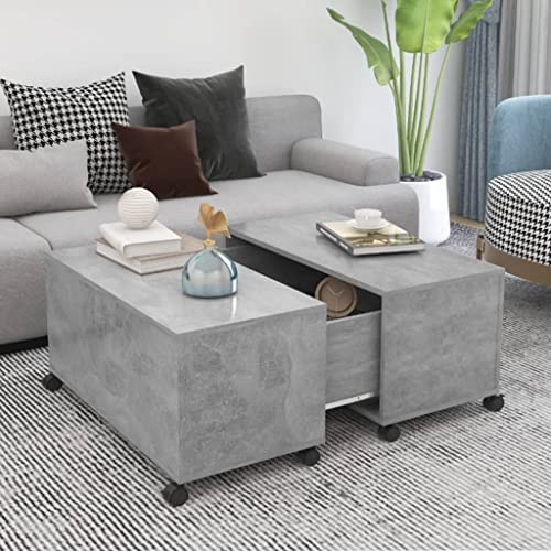 Runheo Couchtisch Betongrau 75x75x38 cm, Holzwerkstoff, erweiterbar, für Wohnzimmer, modernes Design, mit Ablagefach