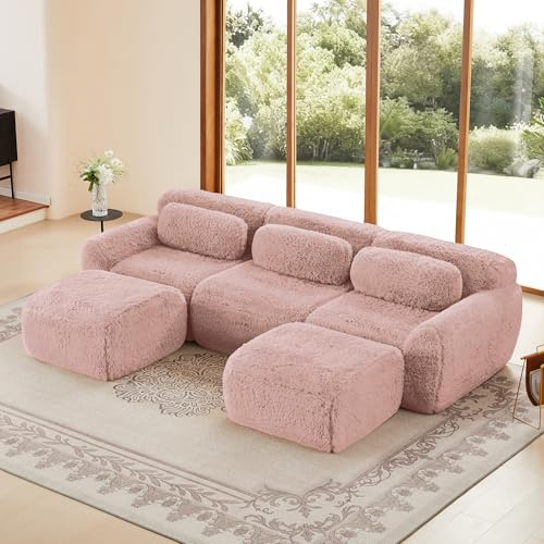 Bladez Modulares U-förmiges Ecksofa Schlafsofa mit Hocker, Modernes Luxus Plüsch Boneless Couch, Ohne Montage, Cloud Polstersofa Extra Tiefer Sitzfläche für Wohnzimmer, Rosa, 3-Sitzer+2