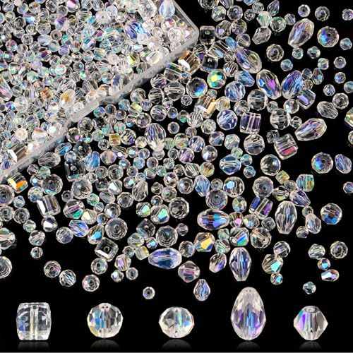 640 Piezas Cuentas de Vidrio Facetadas para Creación Artística - Perlas de Cristal Color AB (4/6/8mm) 5 Formas - Cuentas Brillantes para Manualidades DIY, Bisutería y Decoración con Caja