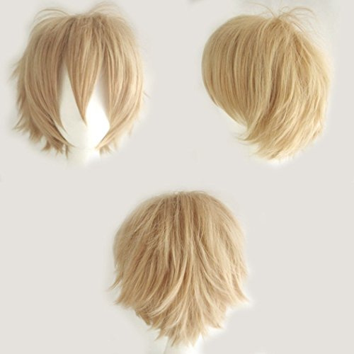Unisex Short Cosplay Full Wigs Natural Layer Straight Hair Anime Costume Party Wig Fancy Dress for Women Men (Linen Blonde)
