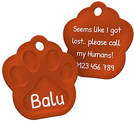 ENGRAVO Hundemarke mit Gravur in Orange 26mm | Pfote Halsbandanhänger personalisiert | Namensschild für Halsband | Anhänger Marke für Hunde, Welpen & Katzen | Dog Tag mit Wunschgravur