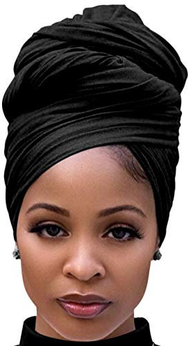 Harewom Schwarzer Haarwickel für Damen, langes Stretch-Jersey, Kopftuch, Sommer, atmungsaktiv, leicht, Turban, einfarbig, Schwarz