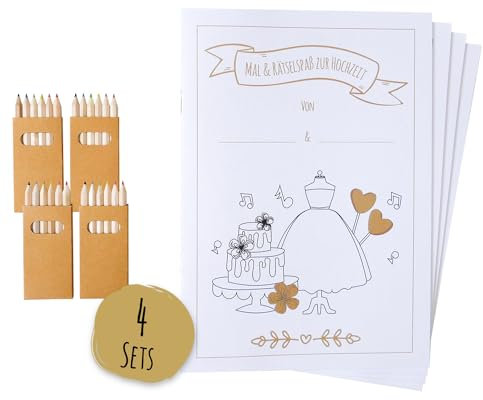 4 Hochzeitsmalbücher mit Buntstiften (4er Set), Hochzeit für Kinder, Hochzeitsmalbuch, Kinderbeschäftigung Hochzeit, Gastgeschenk Hochzeit, Mitgebsel Hochzeit, Malbuch Set Hochzeit, JEKA