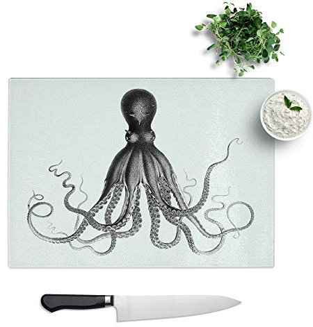 Glass Chopping Board - Vintage Octopus Illustration by E.F. Jomard - Textured Worktop Saver Cutting Board - Heat Resistant, Shatterproof and Hygenic - 39 x 28.5 cm