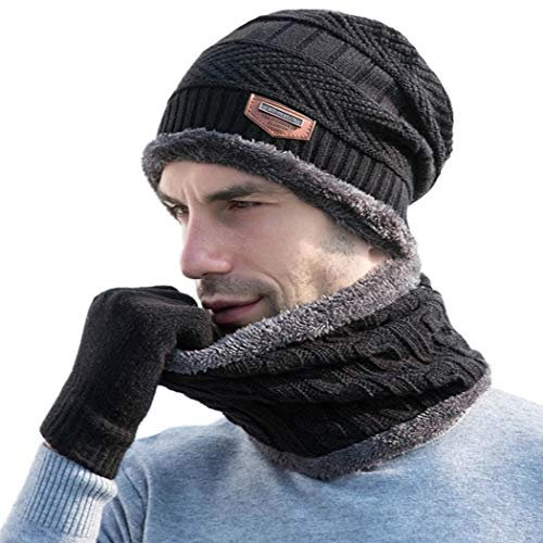 Gisdanchz Winterset Herren Mütze Schal Handschuhe 3-in-1 Set Schwarz Unisex Erwachsene Wintersport Winterset Wintermütze Loop Schal Touchscreen Handschuhe 58-60