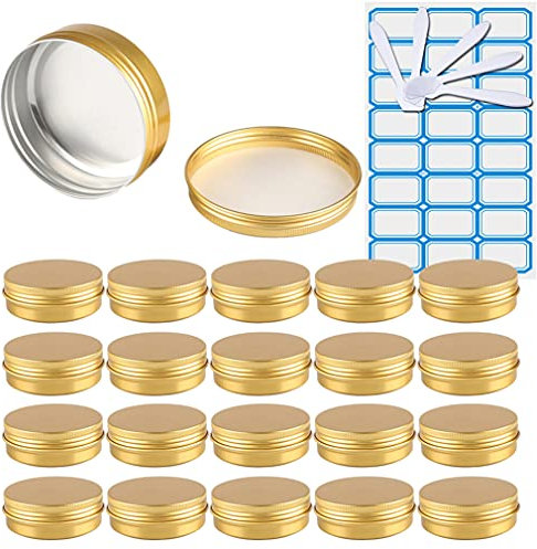 ZEOABSY 20 Pièces 100ml Pots en Aluminium Vide Rond Or Petit Cosmétiques Pot Conteneurs for Fait Main Bougies Crème Baume Voyage, 5X Spatule, 1x Étiquettes