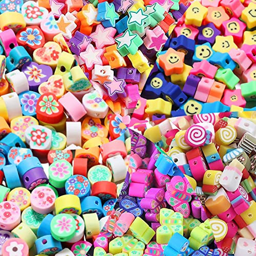 300 Stück Perlen zum Auffädeln Clay Beads für Kinder Armbänder, Bastelperlen Zum Auffädeln Kinder mit Smiley Perlen, Schmetterling, Süssigkeit, Eis, Blumen für die Herstellung von Schmuckarmbändern