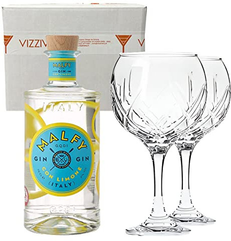 MALFY GIN LIMONE 41% Vol 700 ml - Due Bicchieri In Vetro Borgonovo 620 ml
