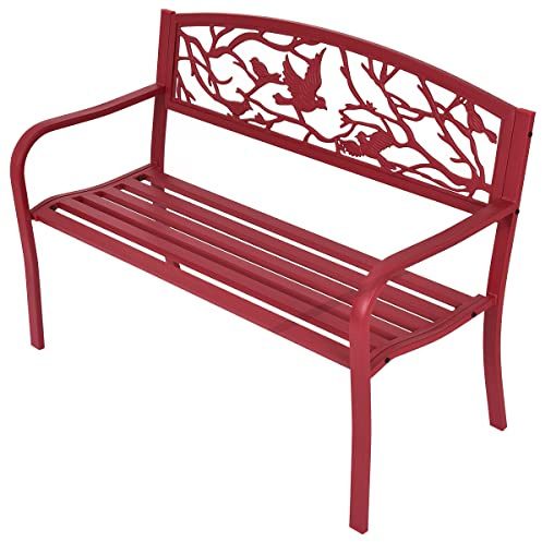 GOPLUS Banco de Jardín Exterior de Metal, Banco para 2-3 Personas con Respaldo Ergonómico y Reposabrazos Curvados, Asiento de Listones para Patio Terraza Piscina (Rojo, 123 x 60 x 88 cm)