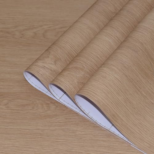 TOTIO Light Brown Wood Grain Vinyl Wrap Tan Walnut Textured Peel and Stick Wallpaper 16x197inch Air Guide Slot Design Matte Thickened Self-Adhesive Waterproof Kitchen Worktop Covering Decorative Film