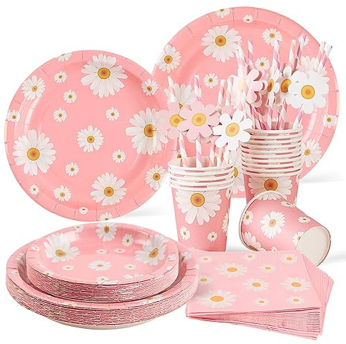 SUNBEAUTY 80 Stück Gänseblümchen Partygeschirr Set Weiße Gänseblümchen Blumen Party Dekorationen einschließlich Papier Teller Pappbecher Servietten Strohhalme für Hochzeit Geburtstag Babyshower Deko
