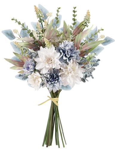 Fake Artificial Flowers Bouquet for Decoration, Silk Floral Arrangements Faux Flowers Plant Wedding Bride Bouquets Tables Centerpieces for Rustic Home Decor Indoor Vase Floral Table Decor (Blue White)