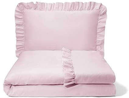 balbina Parure de lit 2 pièces en coton pour enfant - Avec volants et fermeture éclair - Housse de couette 100 x 135 cm - Taie d'oreiller 60 x 40 cm - Rose poudré foncé