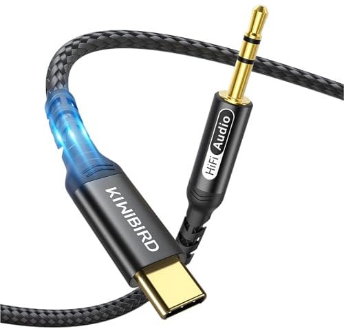KiwiBird Cable Auxiliar Coche Tipo c, Jack 3,5 mm aux to USB C 1,2 m con DAC Hi-Fi para Auriculares, Altavoces Compatible con iPhone 16 15 Plus Pro MAX Galaxy S24 S23 Pixel teléfono movil Android