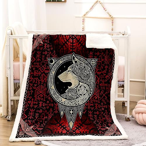 WIKINGER Kuscheldecke Sherpa Decke 150x200 cm Mikrofaser Super Weich und Warme Winter Blanket 3D Viking Wolf Wohndecke Kinder Fleecedecke Flauschige Sofadecke für Sofaüberwurf Tagesdecke