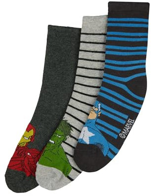 ONOMATO! Avengers Kinder Socken 3er Pack, mit Hulk, Iron Man und Captain America, Kindersocken mit Superhelden, Größe 31/34, aus 76% Baumwolle