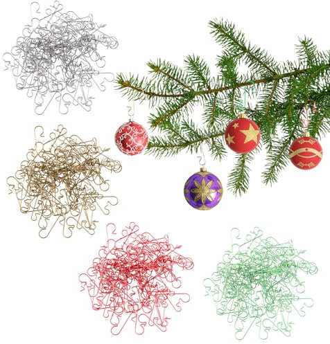 Suxgumoe Weihnachtsbaum Haken, 200 Stück S Haken Klein Ornament Baumhaken (gold & silber & grün & rot)