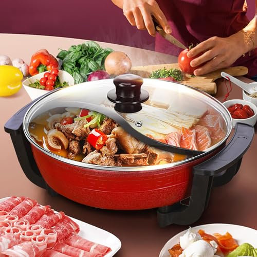 FUNYSF Cacerola eléctrica multifuncional para fondue, 1300 W, con base calefactora y tapa, 6 litros, 2 compartimentos, Shabu